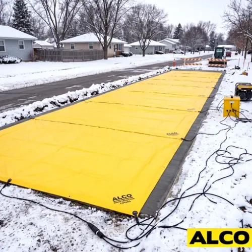 Heavy-duty tarp laid over freshly poured concrete to retain heat during the curing process on a construction site.