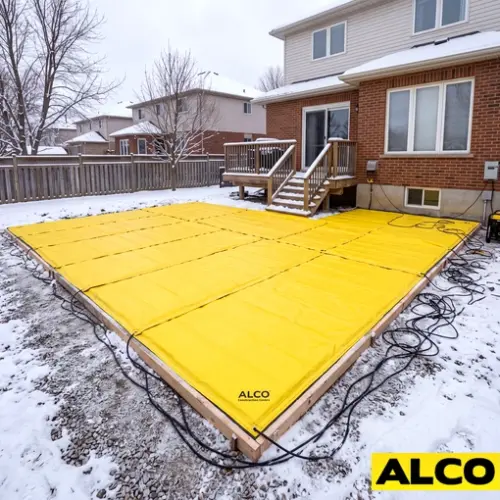Heavy-duty concrete curing tarp laid flat over a freshly poured concrete slab at a construction site.