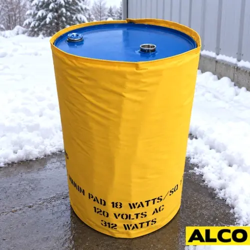 Wrap-around electric heating blanket fitted around a 55-gallon industrial drum to maintain fluid temperature.