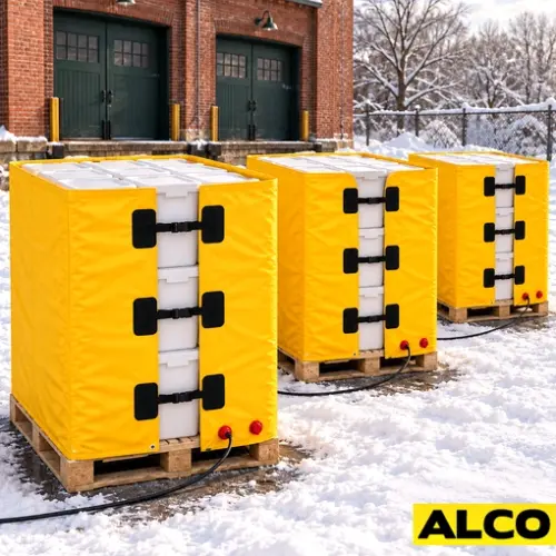 A commercial heat blanket laid over an industrial pallet to protect temperature-sensitive freight during storage or transit.