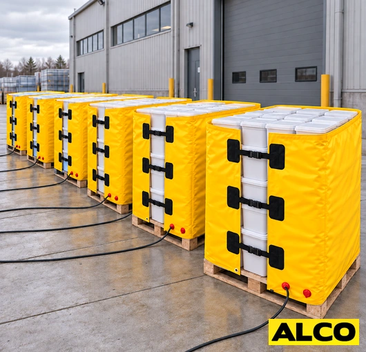 Durable heated pallet blanket laid over a pallet to protect temperature-sensitive freight during storage or transport.