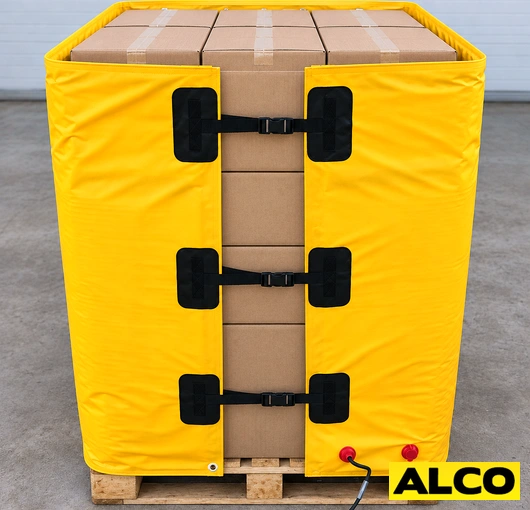 A heated pallet blanket laid over a stacked pallet to protect temperature-sensitive freight during storage or transit.