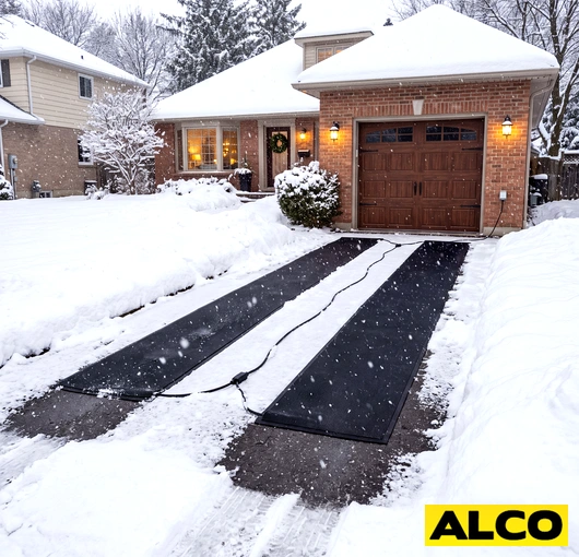 A heated snow melting mat laid flat on a residential or commercial driveway to prevent ice and snow accumulation.