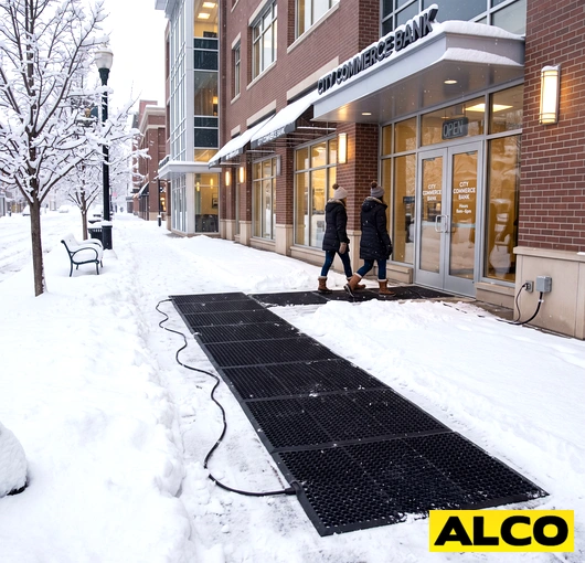 A durable heated sidewalk mat laid on an outdoor walkway to melt snow and ice in commercial or industrial settings.