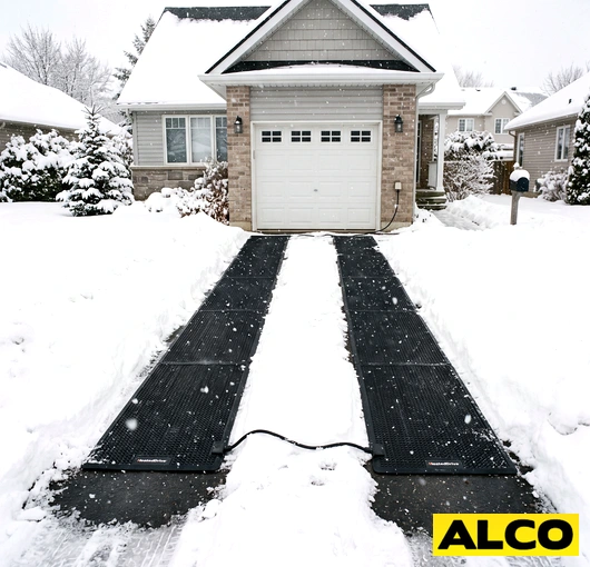 A heated driveway mat laid on a paved surface to melt snow and ice accumulation.