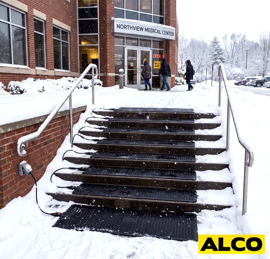 Electric heated mat installed on outdoor stairs to melt snow and ice, keeping steps clear in winter conditions.