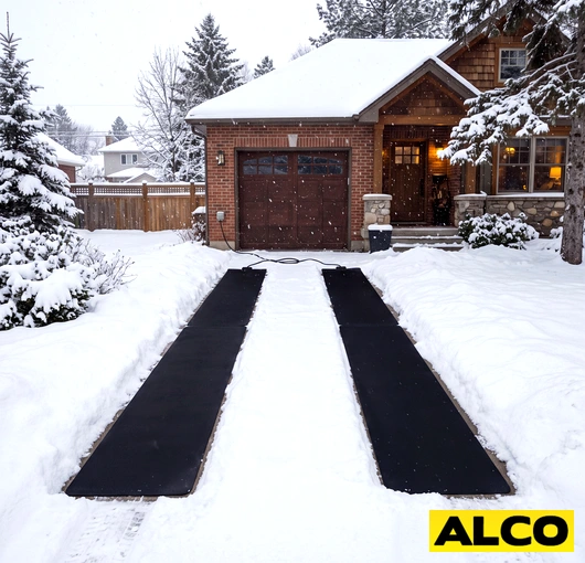 A heavy duty heated driveway mat laid flat on a concrete driveway to melt snow and ice.