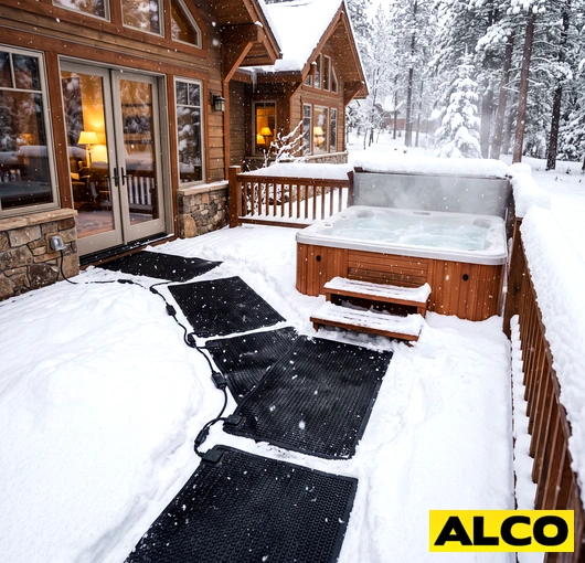 A heavy duty heated stair mat installed on outdoor steps to melt ice and snow and prevent slip hazards.