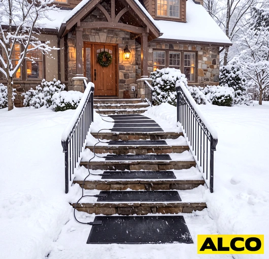 An industrial heated sidewalk mat laid on a commercial walkway to melt snow and ice in winter conditions.