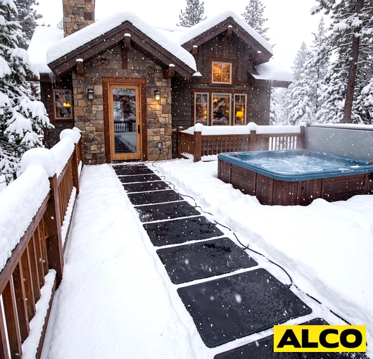 A reusable electric heated mat laid flat on a sidewalk to melt snow and ice in winter conditions.