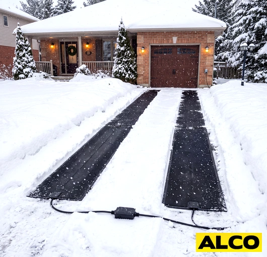 Electric heated mat laid on a driveway surface to melt snow and ice accumulation.