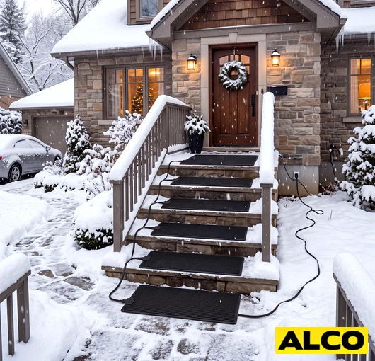 An electric heated stair mat installed on outdoor steps to melt snow and ice during winter conditions.