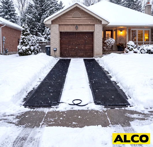 Weatherproof heated snow melt mat laid flat on an outdoor surface to clear ice and snow.