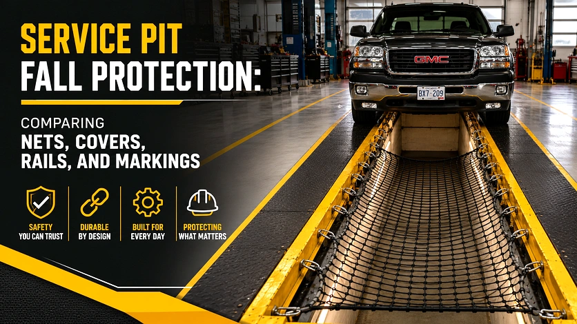 A safety net installed over a vehicle service pit to prevent workers from falling into the open pit below.