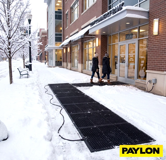 Electric snow melt heating elements installed beneath stair treads to prevent ice and snow accumulation on outdoor steps.