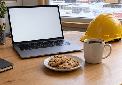 Laptop with a plate of cookies and a coffee mug on a construction site office desk next to a yellow hard hat