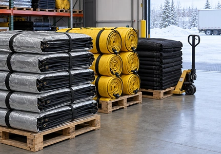 Pallets of folded insulated tarps and rolled yellow heating blankets in a warehouse near an open loading dock